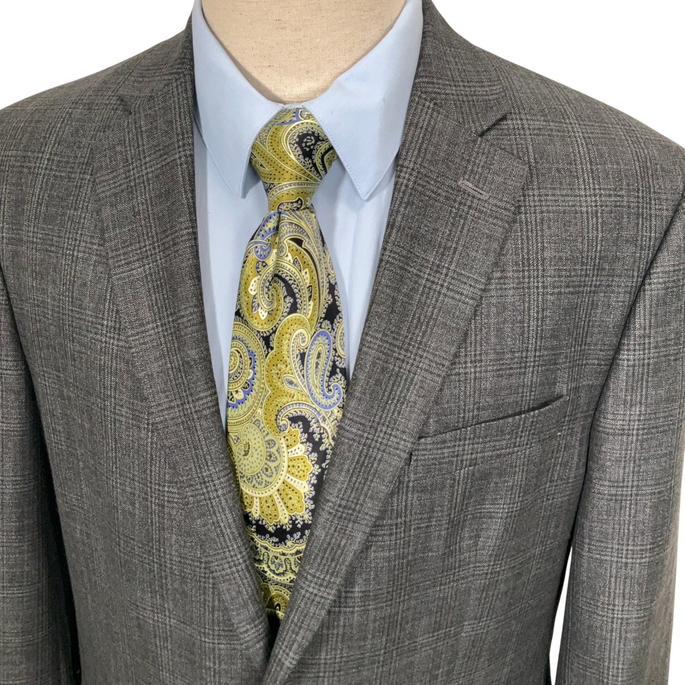 Chaps Blazer Mens 44L Gray Plaid Glen Preppy Neutral Careerwear 2 Button Wool